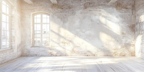 Empty sunlit room with large windows casting soft natural light onto the rustic walls and wooden floor, creating an airy and serene atmosphere. Concept of minimalism, architecture, and tranquility.
