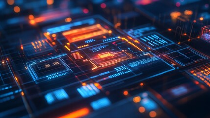 Obraz premium Cybernetic Circuitry: Abstract digital artwork depicting a futuristic circuit board with glowing neon lines and intricate details. 