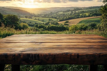 empty wooden tabletop set against a picturesque cow farm background the natural light highlights the rustic charm making it an ideal setup for showcasing dairy products or farmrelated presentations