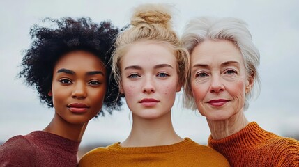 A diverse group of women of different ages showcasing beauty and strength. Their expressions reflect empowerment and unity.