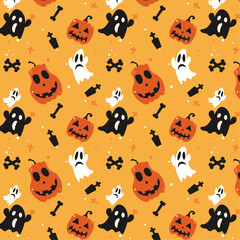 Fototapeta premium Halloween seamless pattern set with ghost,bones,pumpkins,tombstone,small circles,cross,elements. Halloween card, banner.Halloween pattern vector design for wrapping,packaging etc.