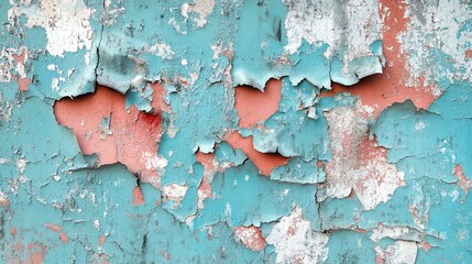 Peeling paint on a wall with blue, white, and pink layers.