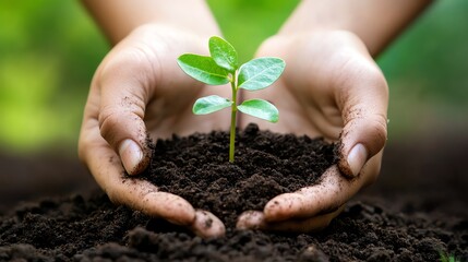 Close-up of hands holding a young green plant growing from the soil.