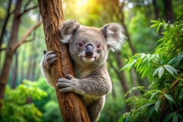 Obraz premium Adorable Koala Clinging to a Tree Branch in a Lush Green Forest Setting, Captivating Wildlife Moment