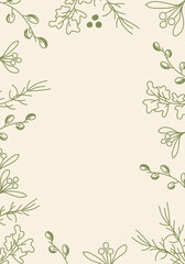 Vector illustration. Merry Christmas and Happy New Year floral background, copy space for your text. Rustic template for Christmas cards, wedding invitations, party invitation. Hand drawn sketch.