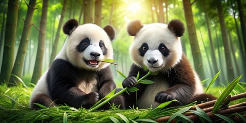 Obraz premium Adorable Pandas Playing and Eating Bamboo in a Lush Green Bamboo Forest with a Sunny Background