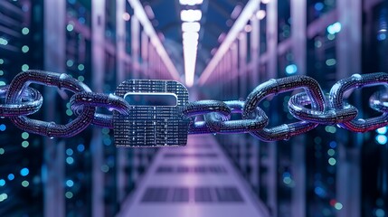 A data center featuring a digital overlay of a lock and chain around the servers emphasizing the importance of data protection in modern technology infrastructures