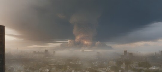 Nuclear explosion of an atom bomb with a mushroom cloud causing an apocalyptic Armageddon through the use of a weapon of mass destruction