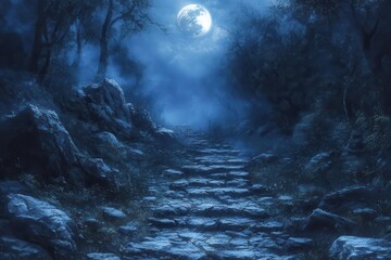 Fototapeta premium enigmatic forest illuminated by a full moon featuring a misty path that leads to a haunting halloween scene evoking feelings of mystery and intrigue