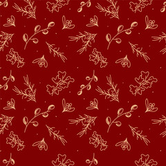 Vector. Merry Christmas, Happy New Year seamless pattern with leaves, berries, holly and spruce branches. Rustic winter background. Design for wrapping paper, greeting cards, textiles, branding.