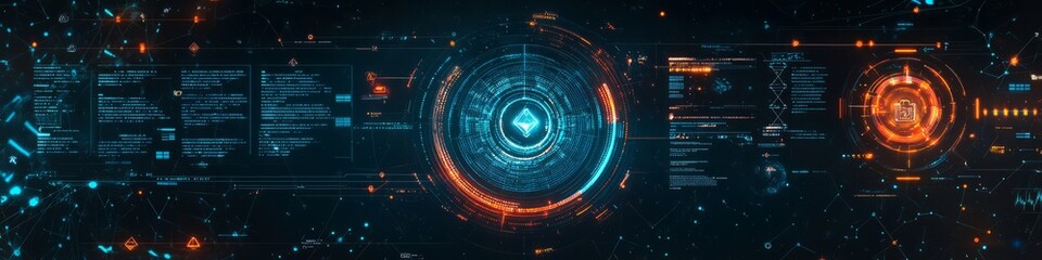 Obraz premium Futuristic Banner Cybersecurity Interface with Advanced Firewalls and Blockchain Technologies