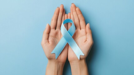 Hands holding a light blue awareness ribbon against soft blue background, symbolizing support for causes such as prostate cancer awareness or child abuse prevention. Cancer and child abuse prevention