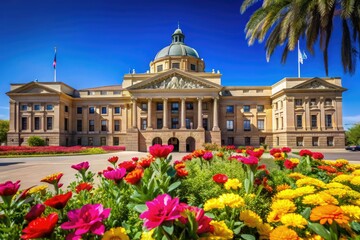 Arizona State Capitol in Phoenix with Vibrant Flowers and Clear Blue Sky Showcasing Historic Architecture