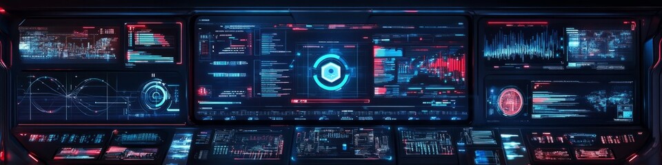 Obraz premium Futuristic Banner Cybersecurity Interface with Advanced Firewalls and Blockchain Technologies