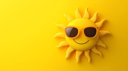 Smiling cartoon sun wearing sunglasses against a bright yellow background.