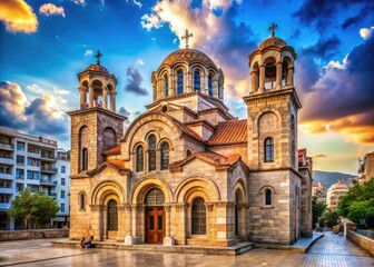 Fototapeta premium Beautiful architectural details of the historic Saint Spyridon Church in a vibrant urban setting