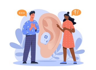 Deaf mute communication. Man and woman communicate using sign language against background of ear. People with disability. Speaking program. Flat vector illustration isolated on white background