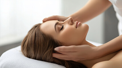 Fototapeta premium A woman enjoying a relaxing facial treatment while lying on a comfortable bed in a serene spa environment