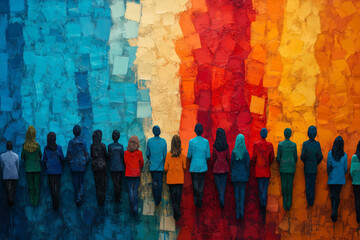 A vibrant artistic interpretation of diverse figures engaging in civic participation amidst a dynamic color backdrop