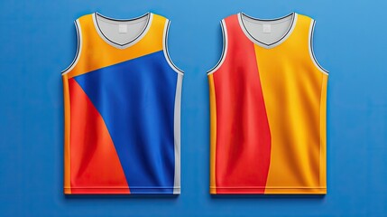 Two basketball jerseys with different color block designs, one blue, orange, and red, the other red, orange, and yellow, on a blue background.