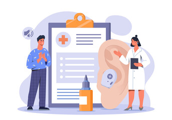 Patient with deafness. Man and woman in medical uniform near ear. Healthcare and medicine. Diagnosis and treatment. ENT with patient. Flat vector illustration isolated on white background