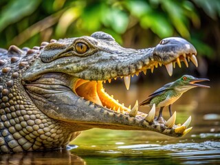 Obraz premium Bird Engaging in Unique Behavior by Cleaning Teeth of Crocodile in Tropical Natural Habitat