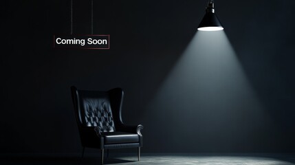 Dark room with black armchair and spotlight, mysterious atmosphere concept