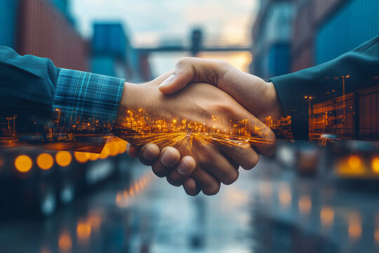 Handshaking between business partners amid bustling international logistics transportation hub at twilight