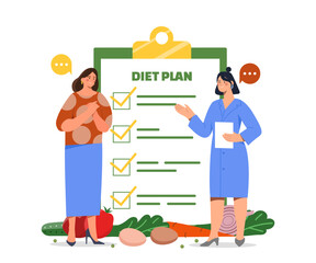 Nutritionist doctor with patient. Two women near diet plan. Healthcare and medicine. Diagnosis and treatment. Calorie measurement. Flat vector illustration isolated on white background