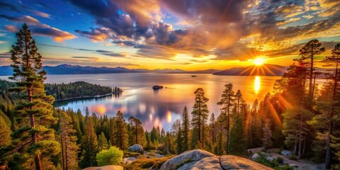 Breathtaking sunset over Lake Tahoe viewed from a scenic hiking trail in the Sierra Nevada mountains