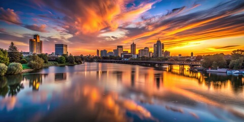 Fototapeta premium Breathtaking Sunset Over Sacramento Skyline and River with Long Exposure in California's Capital City