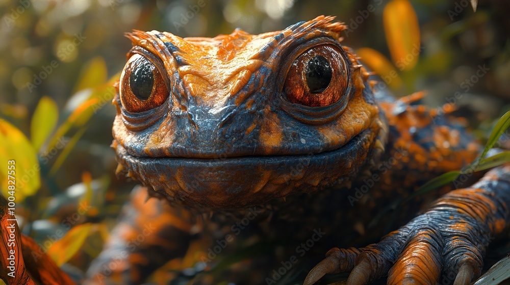 Sticker Close-Up of a Vibrant Orange Lizard in a Lush Forest