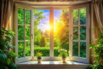 Bright and Inviting Open Window in a Cozy Home with Natural Light and Lush Greenery Outside