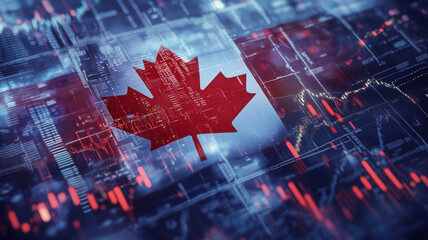 The vibrant Canadian flag stands proudly amidst a backdrop of digital innovation and financial growth in a modern urban landscape