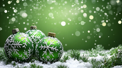 A joyful Christmas celebration with green ornaments, snowflakes, and a festive atmosphere amidst a snowy backdrop
