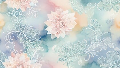 Graceful floral watercolor pattern featuring soft pastel flowers and ornate lace on a gentle multicolored background