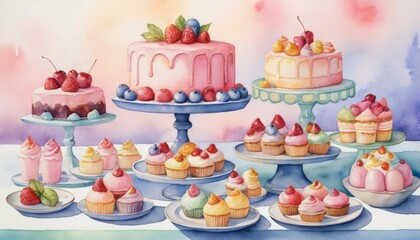 Delightful watercolor dessert arrangement showcasing cakes, cupcakes, and sweet toppings on elegant stands against a pastel background