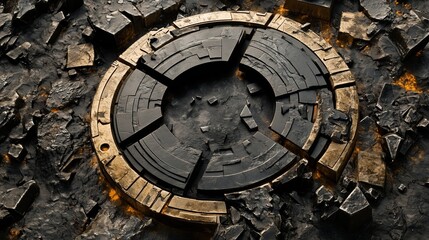 Obraz premium Intricately designed dark circular structure surrounded by cracked black rock, illuminated by molten accents at dusk