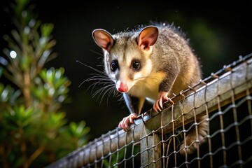 Obraz premium Cautious Possum Navigating a Fence at Night, Displaying Wary Behavior in Dark Surroundings