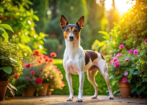 Charming Ratonero Bodeguero Andaluz Dog Posing Outdoors in a Sunny Garden Setting with Greenery