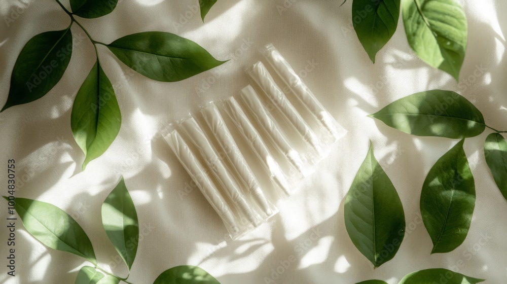 Poster seven white candles are neatly arranged on a light fabric background, framed by vibrant green leaves