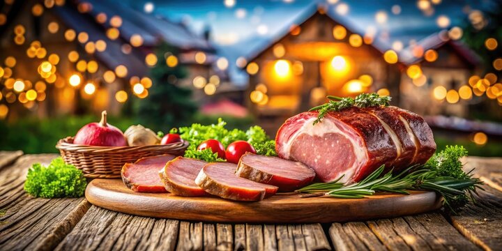Classic Polish Salceson Meat on Rustic Wooden Table Displayed in Traditional Village Setting