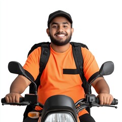 Smiling delivery rider in orange shirt with a motorcycle, front view