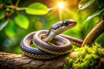 Fototapeta premium Close-up of a baby snake resting on a branch in a lush green environment with natural sunlight