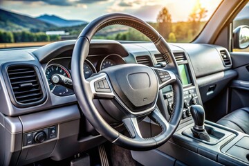 Obraz premium Close-up of a truck steering wheel showcasing modern design and functionality in a vehicle interior