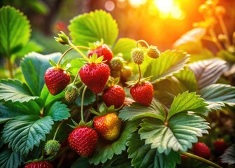 Close-Up of Blooming Strawberry Bush in Sunlight with Lush Green Leaves and Vibrant Red Berries
