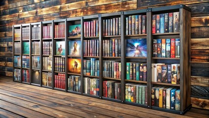 Collection of DVD Cases for Movies and Shows Arranged Neatly on a Wooden Shelf Background