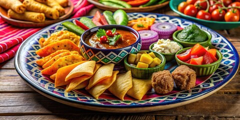 Colorful assortment of traditional Mexican snacks and appetizers served on a decorative plate