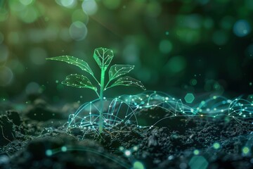 Young green plants with digital network overlay ecological advancement and environmental