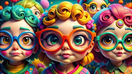 Obraz premium Colorful Cartoon Characters Wearing Glasses in a Whimsical and Playful Style for Fun Illustrations